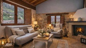 Una televisión, una chimenea