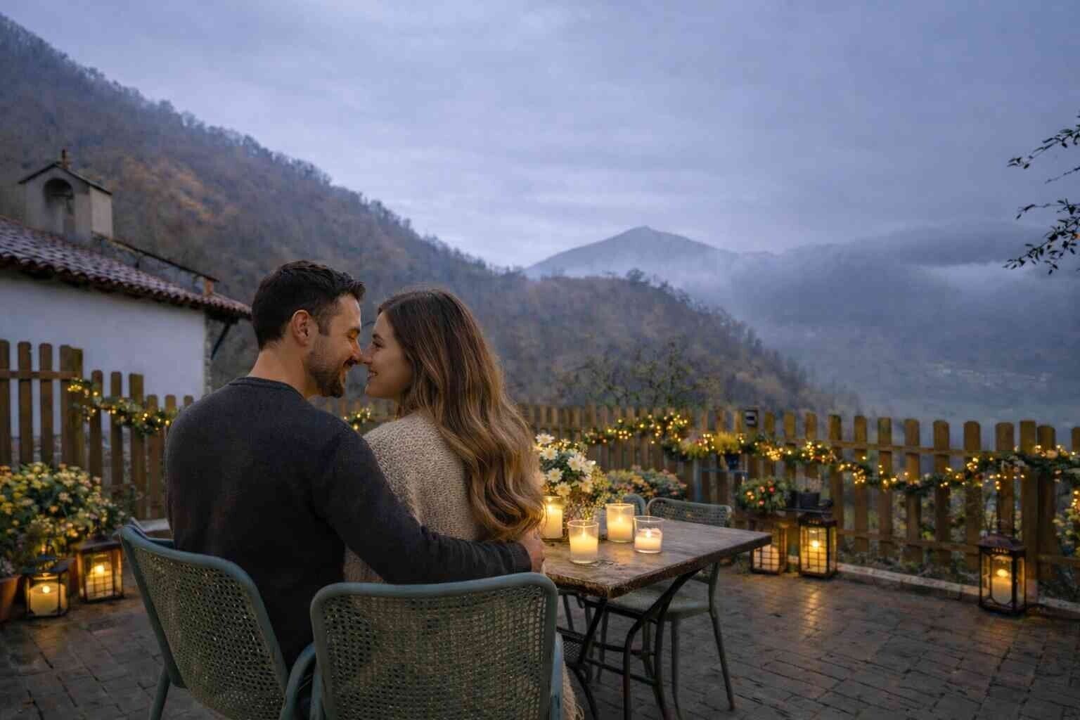 Una pareja sentada a una mesa con velas, con vistas a un paisaje montañoso.