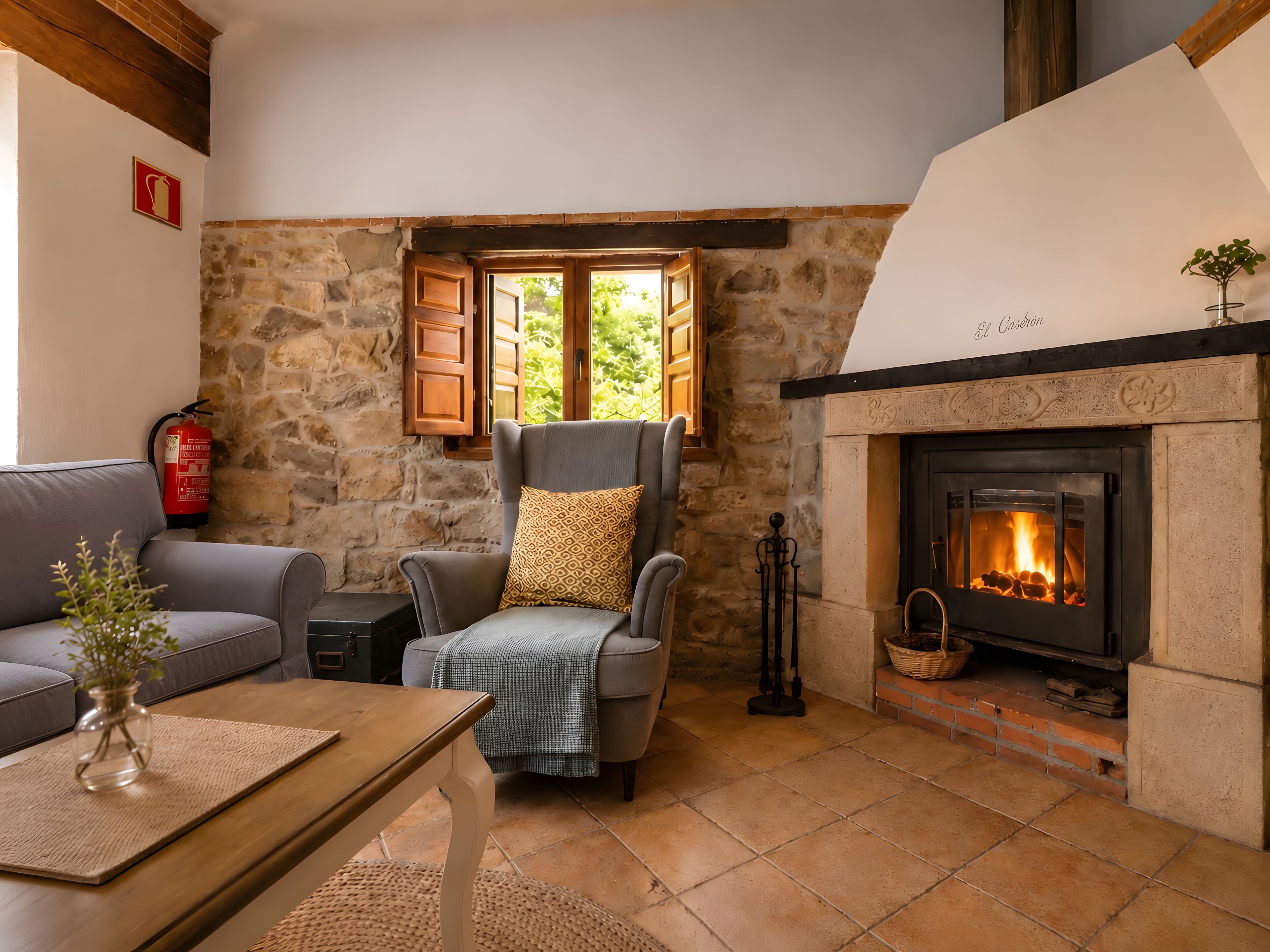 Una sala de estar acogedora con una pared de piedra, chimenea, sofá, sillón y una mesa con un florero.