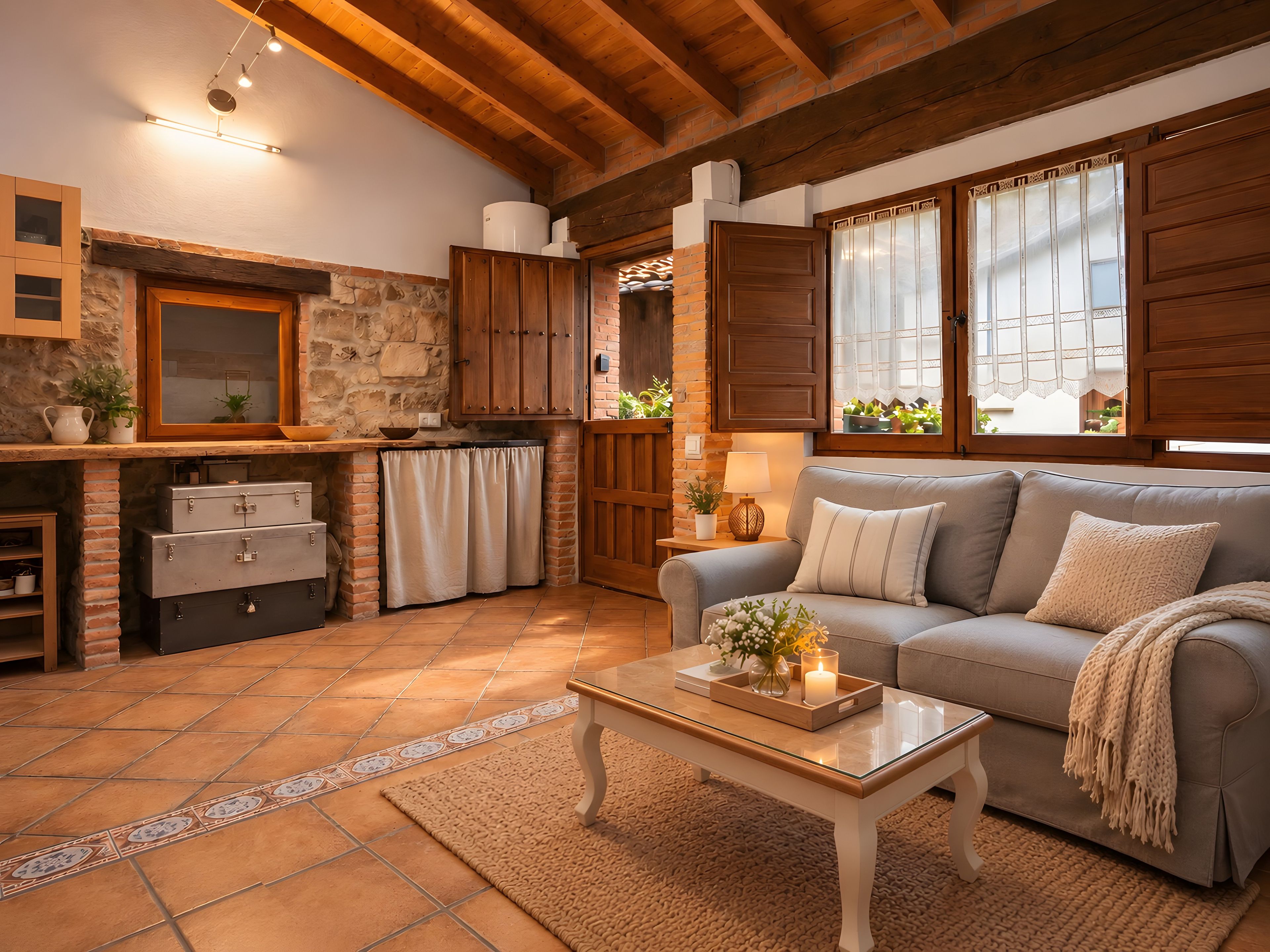 Uma sala de estar aconchegante com sofá, mesa de centro e lareira.