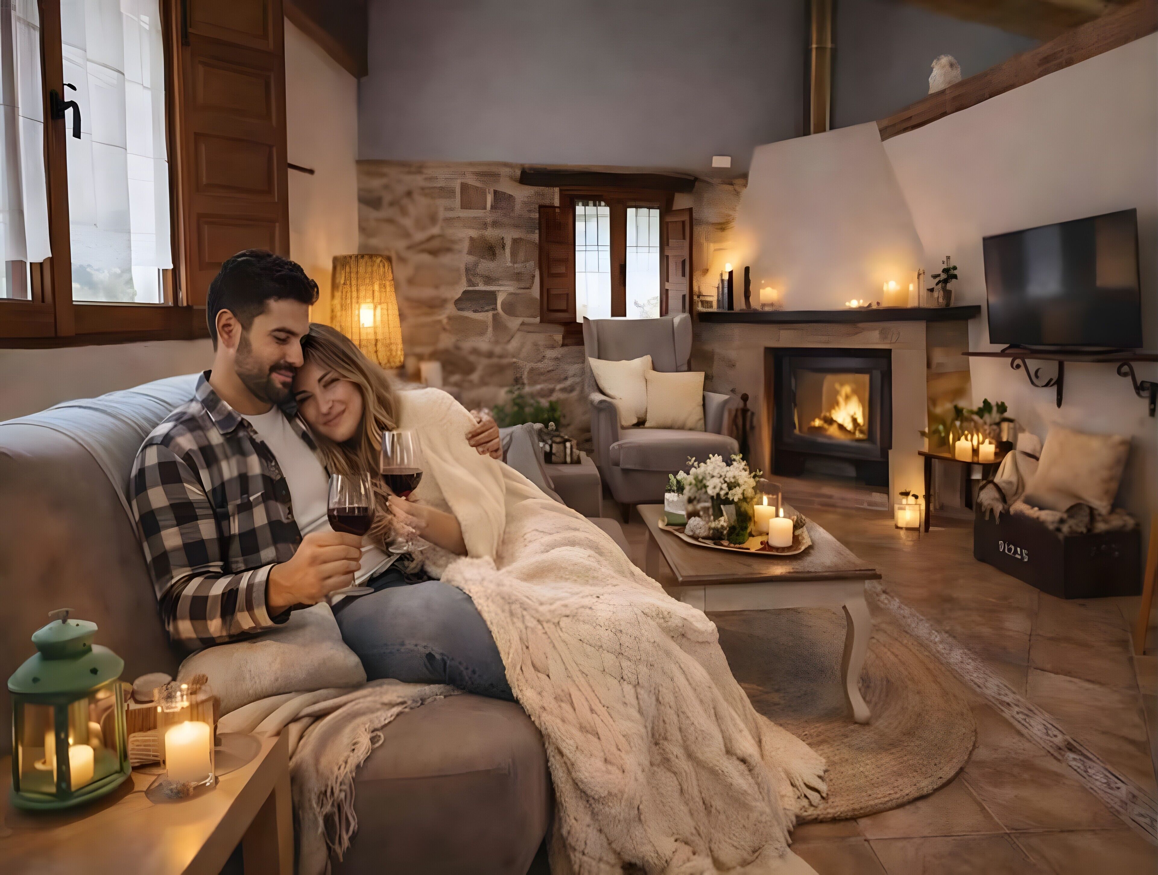 Ein gemütliches Wohnzimmer mit Steinwand, Kamin, Fernseher und einem Paar, das auf einer Couch Getränke genießt.