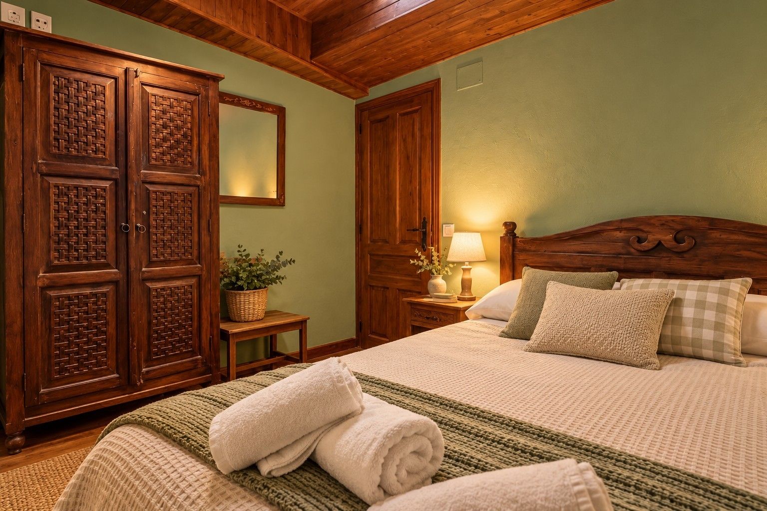 Una cama bien hecha con cabecera, una mesita de noche con lámpara y un armario de madera con espejo.