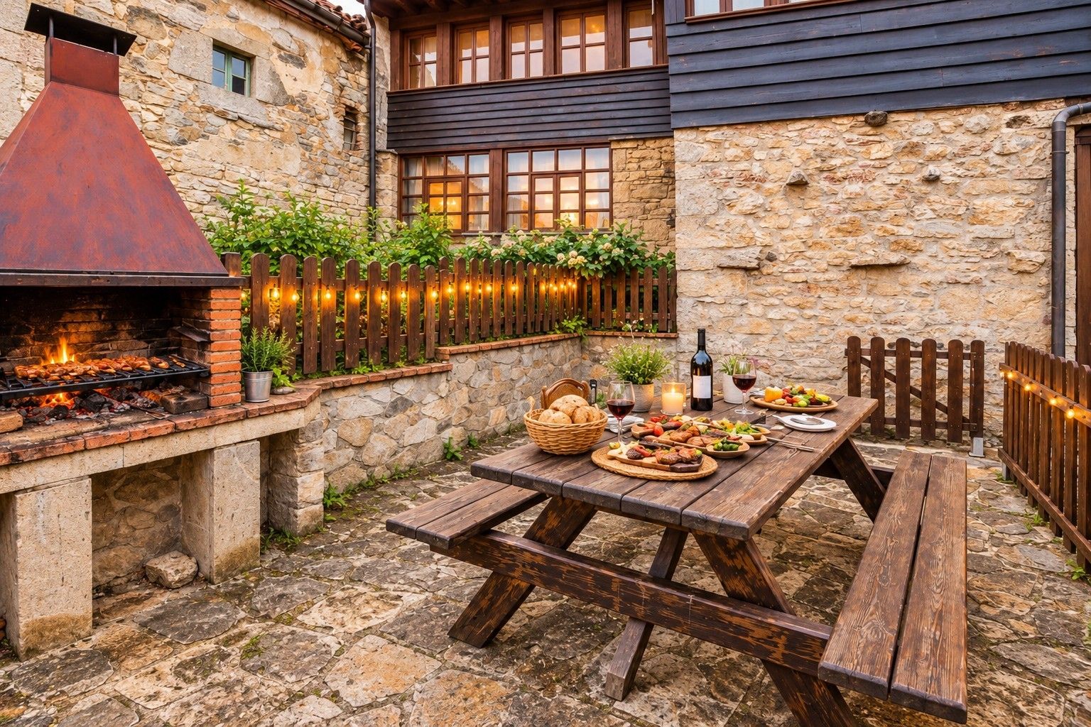 Un patio al aire libre con muro de piedra, una parrilla de ladrillo, mesa de picnic de madera y luces colgantes.