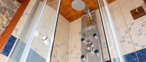 Une cabine de douche dotée d’une porte en verre, d’un pommeau de douche à effet pluie et de plusieurs boutons de commande.