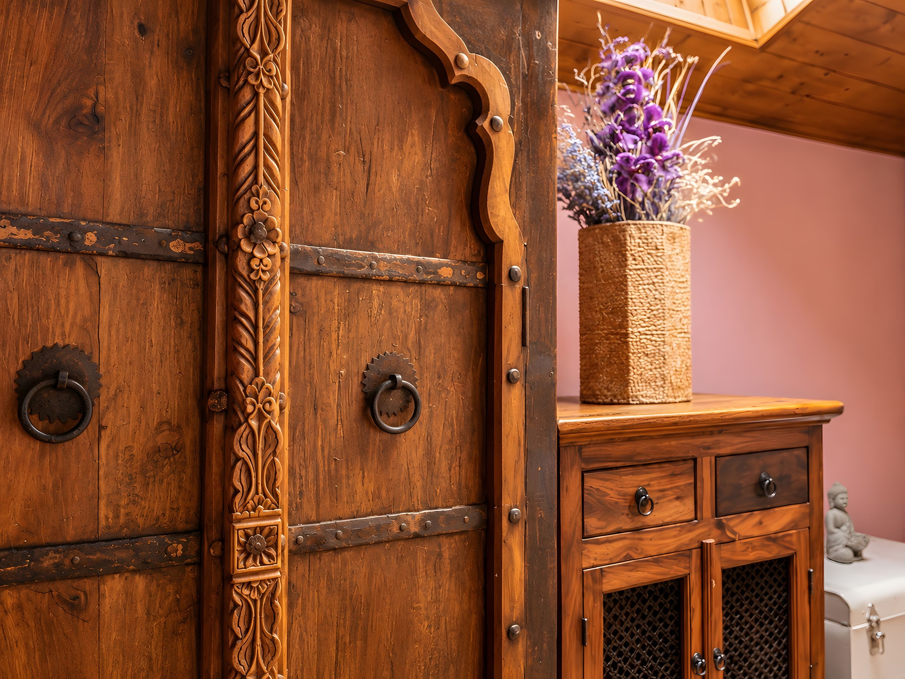 Una puerta de madera con tallas intrincadas y herrajes metálicos, una cesta tejida con flores moradas y un mueble pequeño con cajones.