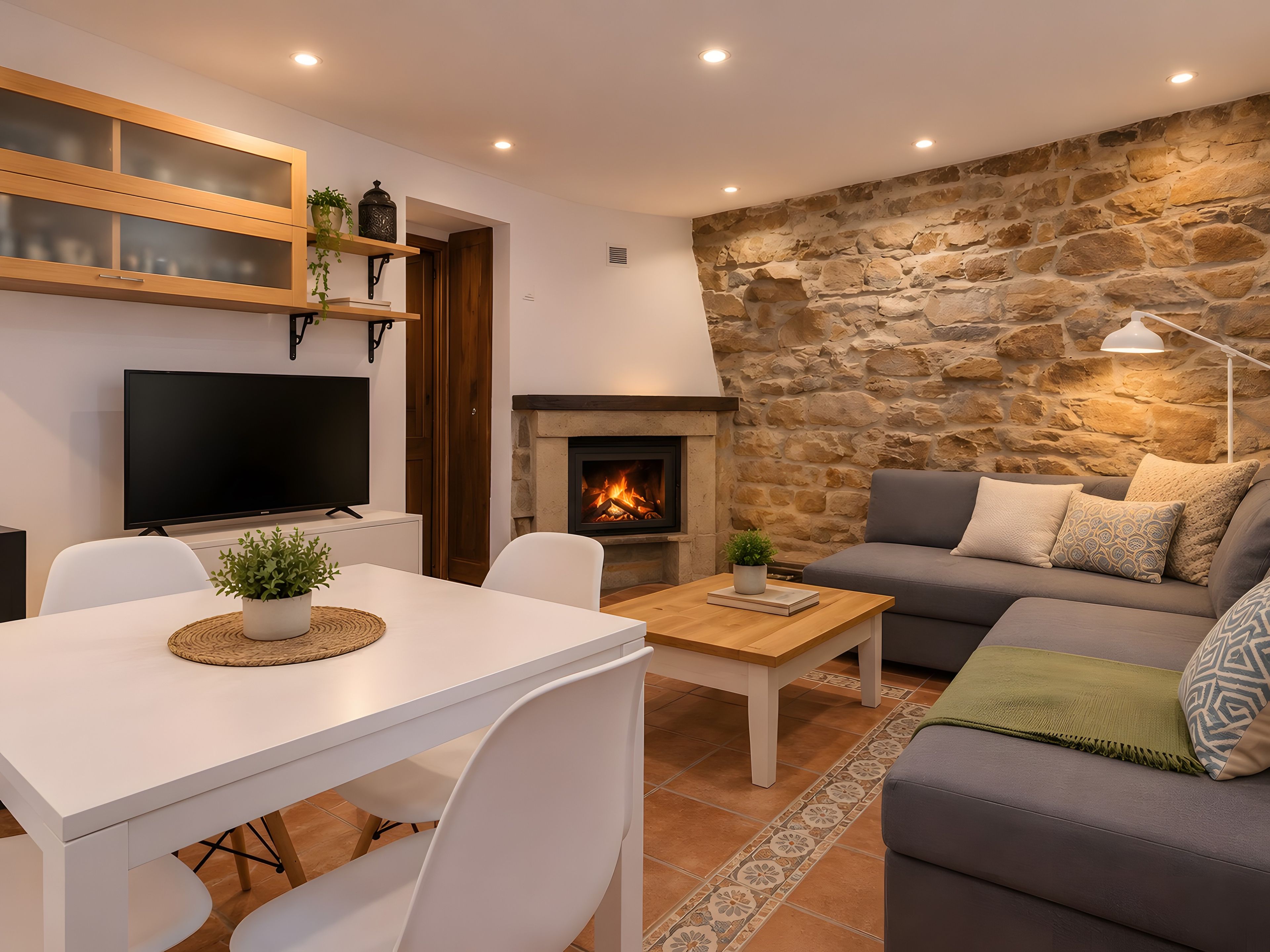 A modern living room with a stone wall, a fireplace, a sofa, a TV, and a dining area.