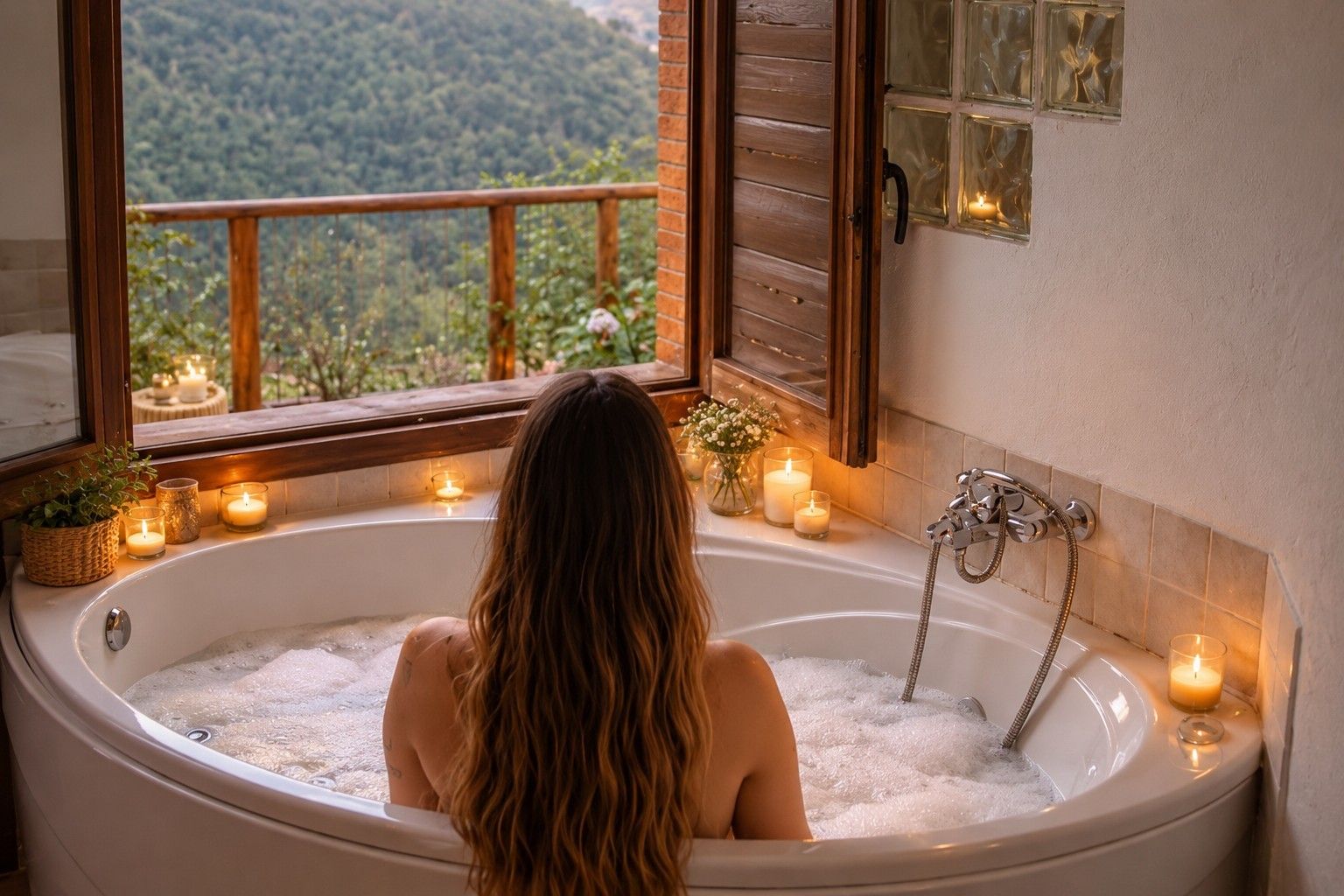 Una persona en una bañera con vista a un bosque a través de una ventana, rodeada de velas.