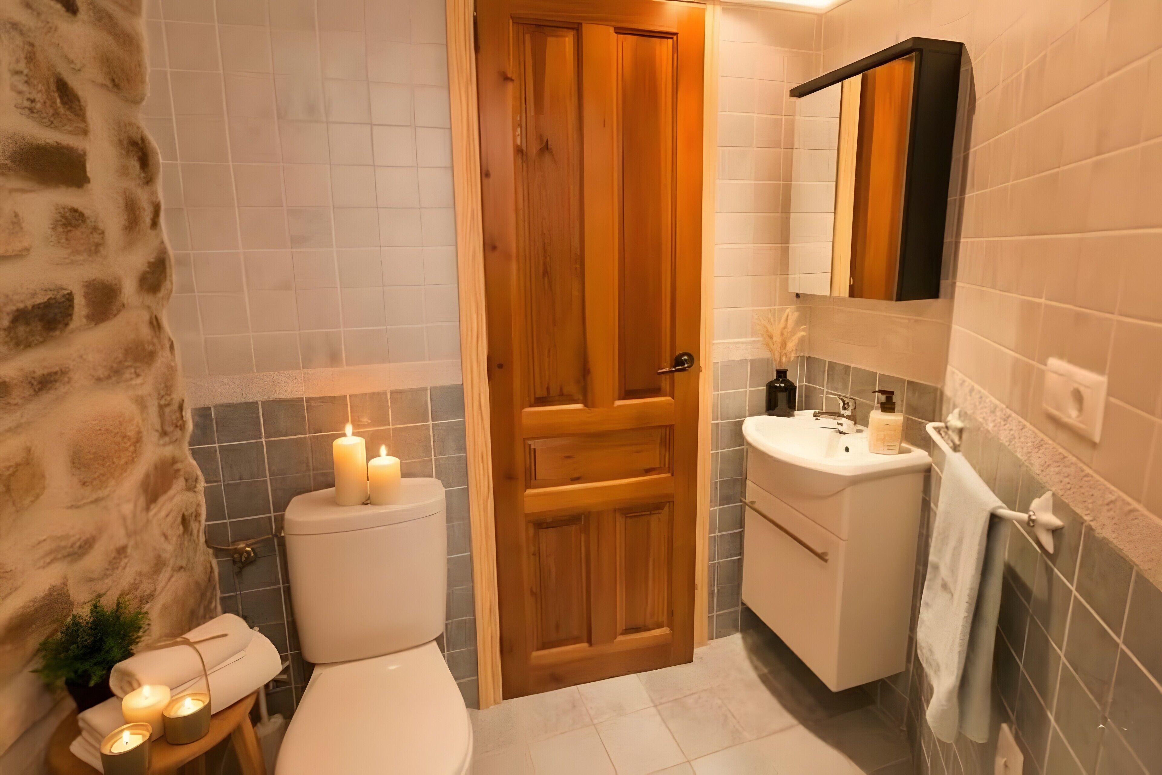Un baño con pared de piedra, puerta de madera, inodoro blanco, lavabo con espejo y velas.