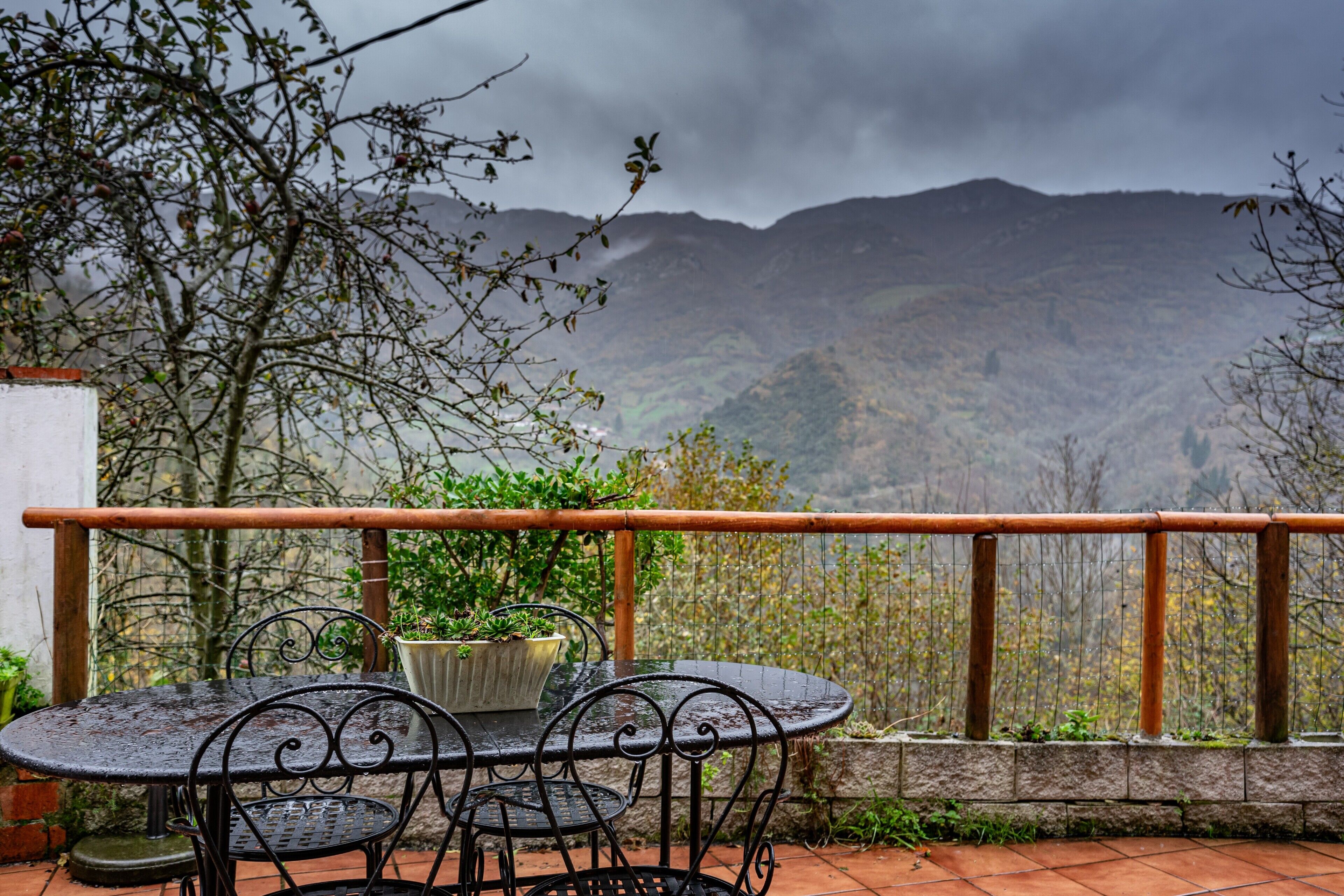 Une terrasse avec une table et des chaises, un pot de fleurs et une vue sur les montagnes.