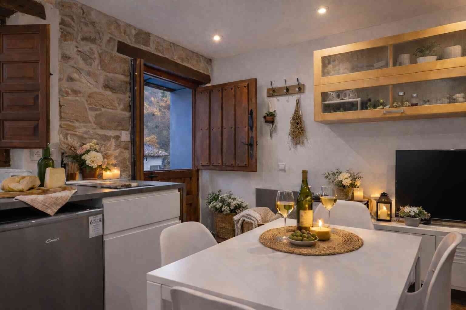 Une cuisine avec des murs en pierre, des meubles en bois, une table à manger décorée de bougies et un téléviseur.