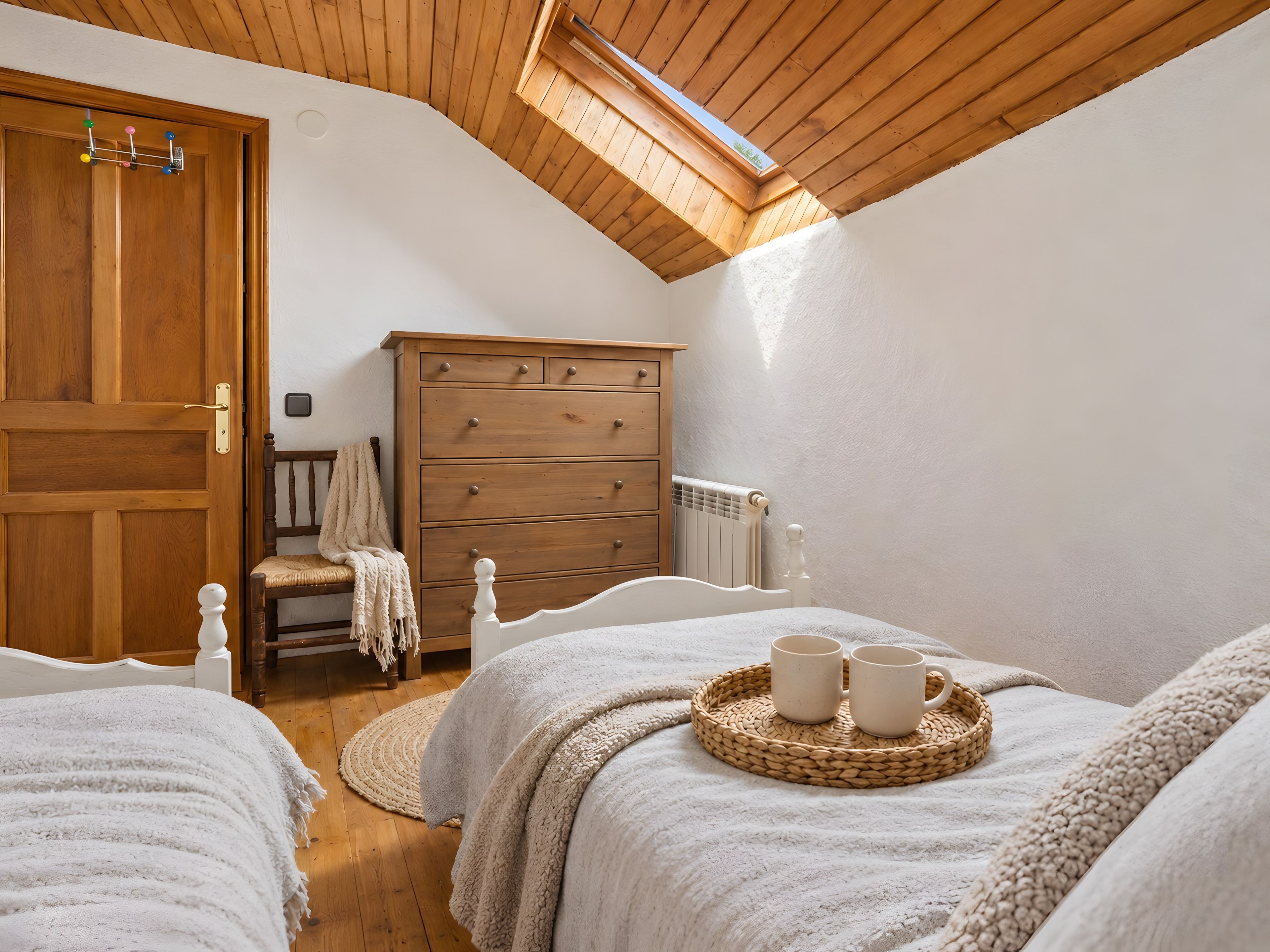 Une chambre avec un plafond en pente, des meubles en bois, un lit avec une tête de lit blanche, une commode en bois et une petite fenêtre.