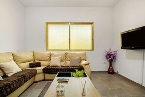 Un salon avec un canapé, une table basse, un téléviseur et une fenêtre.
