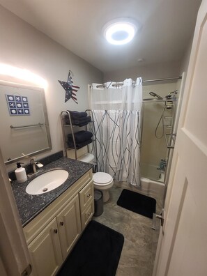 Shower, hair dryer, towels