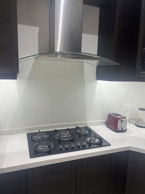 Fridge, microwave, oven, stovetop