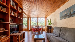 A wooden-floored living room with a television, bookshelves, a sofa, and a dining area with a table and chairs. - Apartment 'Shamrock 2B' with Mountain View, Balcony and Wi-Fi (Tignes)