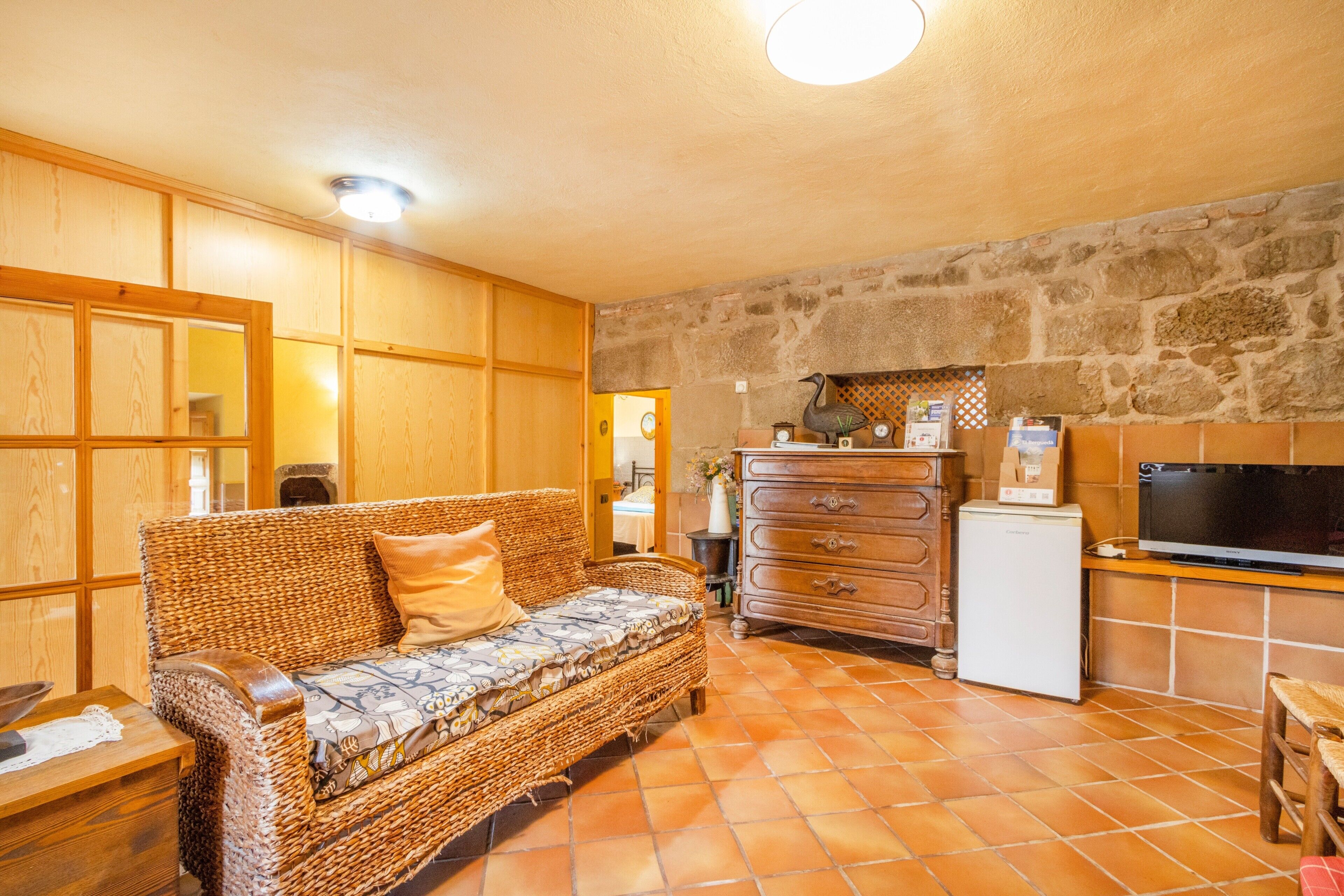 Televisio, takka, DVD-soitin, pöytätennispöytä