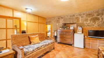 Televisio, takka, DVD-soitin, pöytätennispöytä