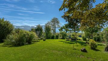 A grassy outdoor area with trees, a bench, and a stone structure.