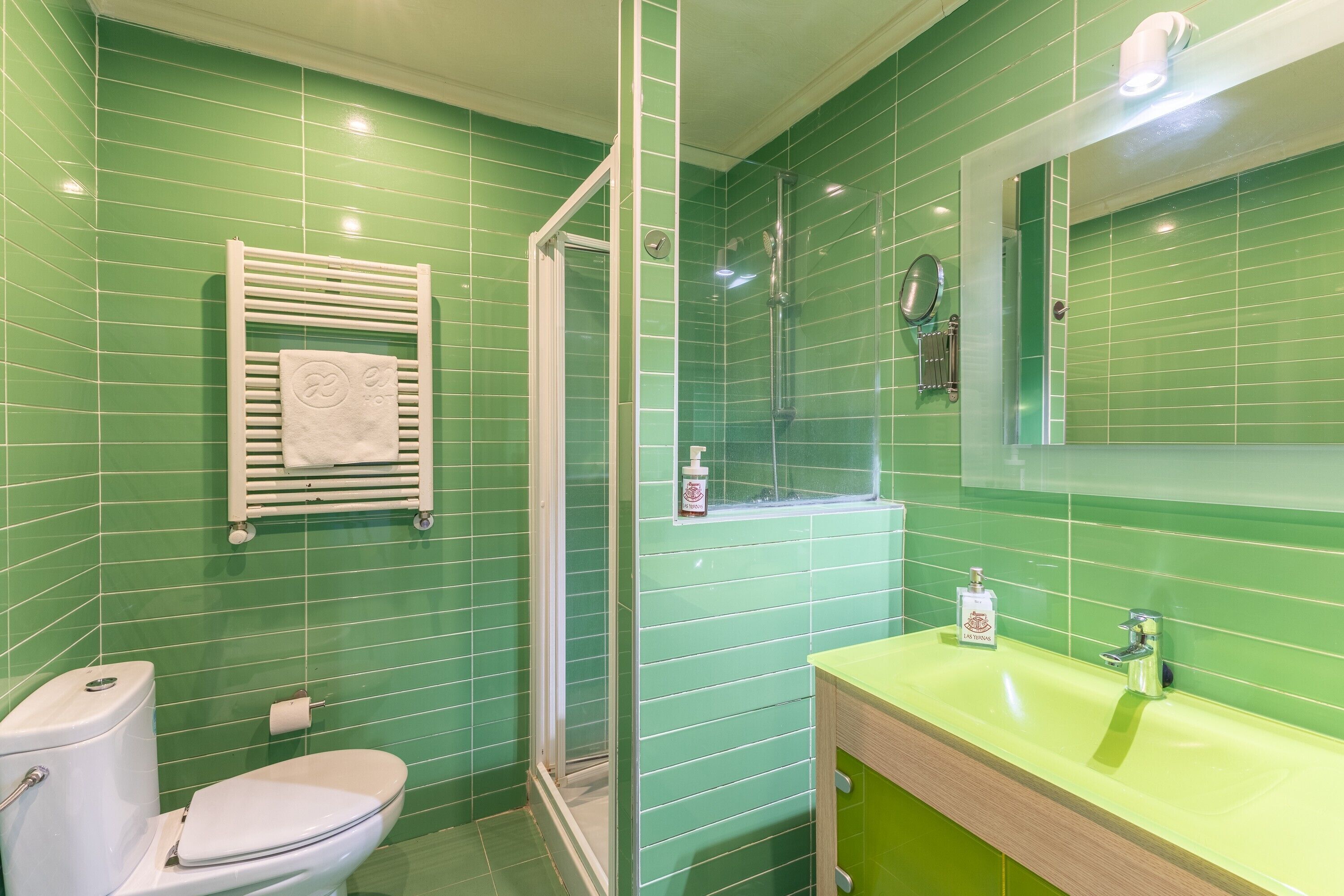 Casa de banho com azulejos verdes, sanita branca, chuveiro e lavatório com espelho.