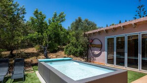 Une piscine rectangulaire dotée d’un jacuzzi intégré, entourée de gazon synthétique, et un espace patio aménagé avec des chaises longues.