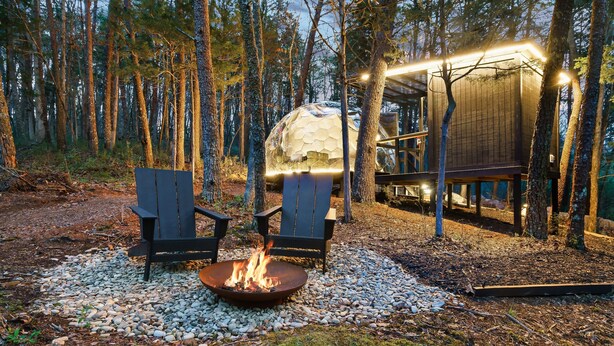 A forest cabin with a fire pit, two Adirondack chairs, and a covered deck. - Mirrored Lost Lake Dome In Cosby - Your Ultimate Hideaway! (Cosby)
