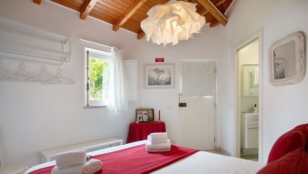 A hotel room with a bed, a red blanket, a white wall, a wooden ceiling, a window, a door, and a mirror.