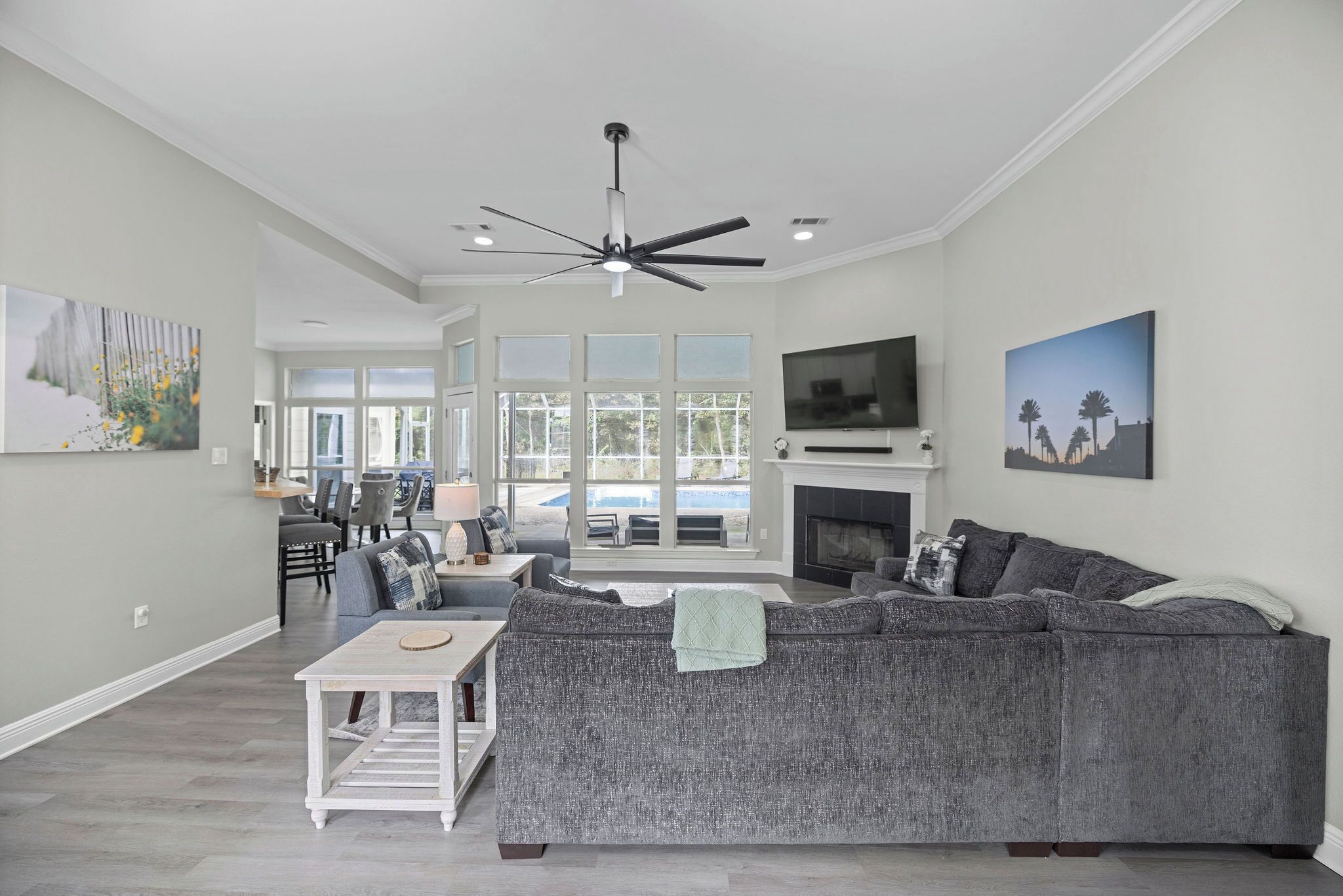 Smart TV, fireplace, foosball, computer monitors