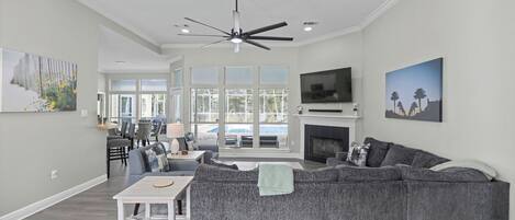 Smart TV, fireplace, table football, computer monitors