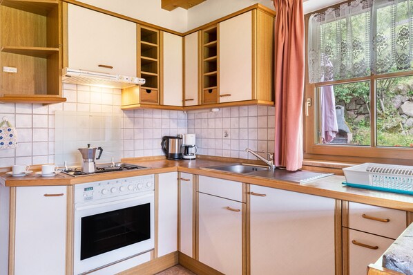 Fridge, oven, stovetop, coffee/tea maker