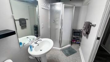 Hair dryer, towels, soap, shampoo