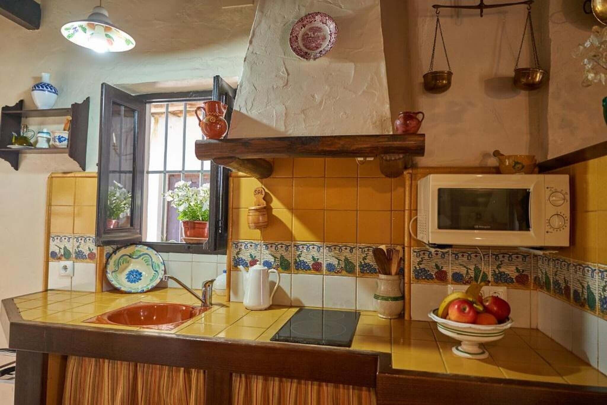 Une cuisine avec un mur recouvert de carreaux, un four à micro-ondes, un évier et une fenêtre agrémentée de plantes.