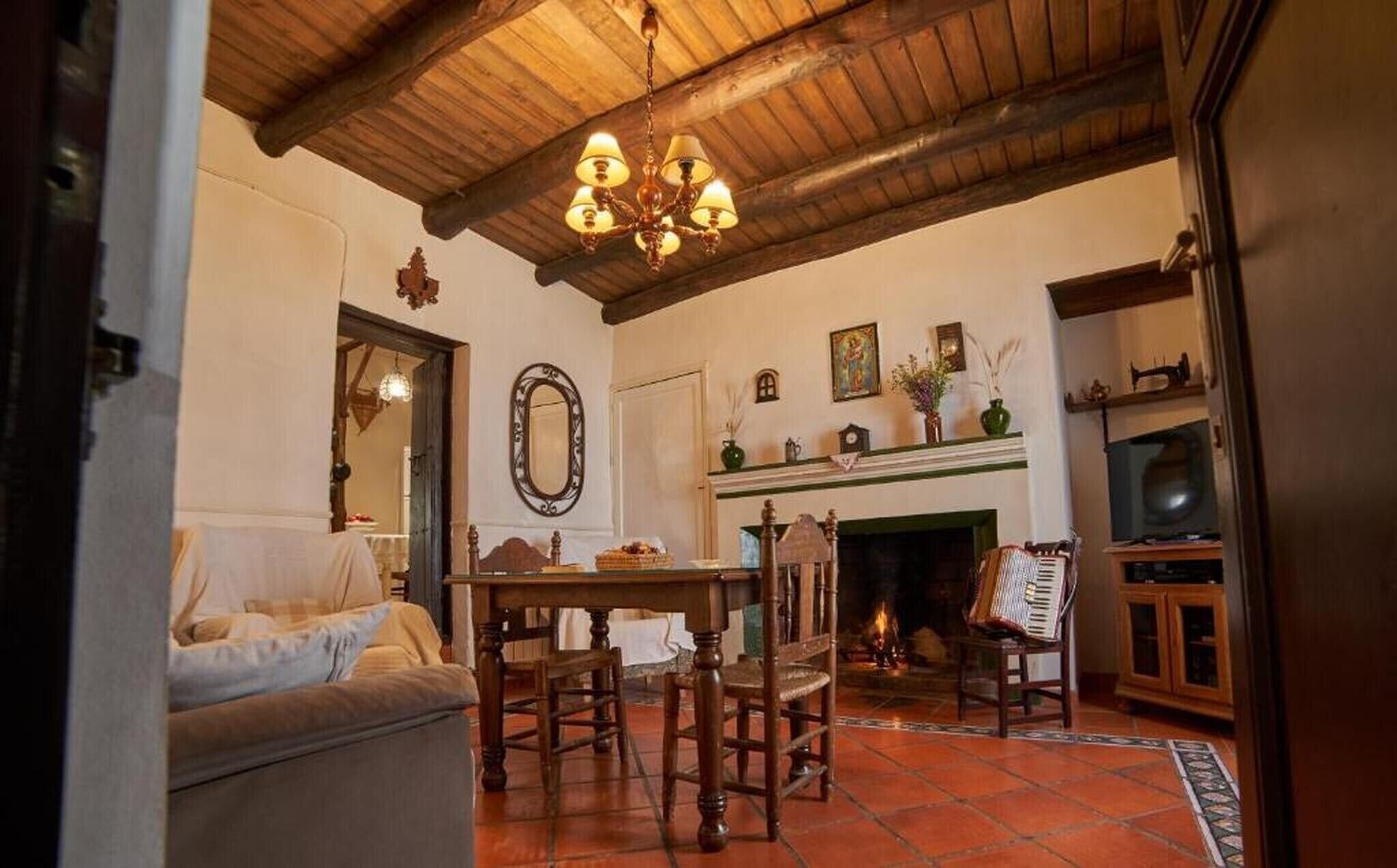 Un salon chaleureux avec une cheminée, des meubles en bois et un lustre.