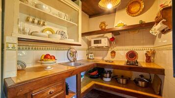 Een koelkast, een magnetron, een kookplaat, een vaatwasser