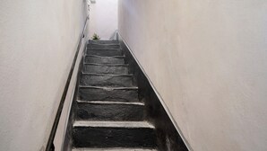 Una escalera estrecha con barandilla, que conduce a un rellano con una planta pequeña.
