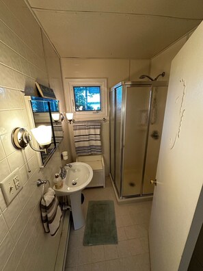 Shower, hair dryer, towels, soap