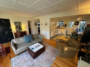 Smart TV, fireplace, books, video library