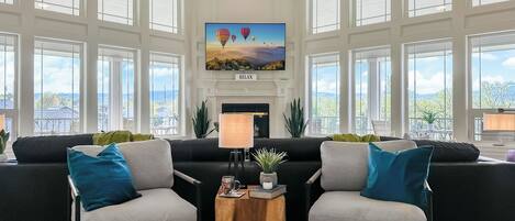 Smart TV, fireplace, video games, offices