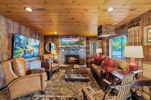 Smart TV, fireplace, books