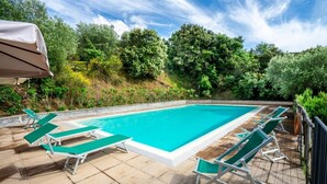 A rectangular swimming pool with a tiled deck, surrounded by green lounge chairs and a covered area.