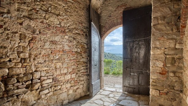 An arched stone corridor with a rustic brick wall and a large wooden door.