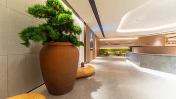 A modern lobby with a large potted plant, seating area, and a reception desk.