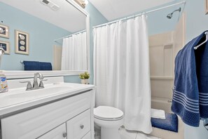 Hair dryer, towels, soap, toilet paper