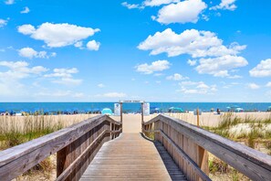 A wooden boardwalk leading to a beach with a sign reading 'Center Street.'