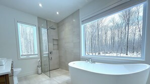 Une salle de bain moderne avec une baignoire sur pieds, une douche en verre et une fenêtre donnant sur une forêt enneigée.