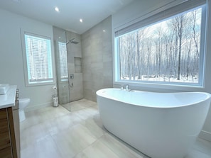Een moderne badkamer met een vrijstaand bad, een douchecabine met glazen wanden en een raam met uitzicht op een besneeuwd bos.