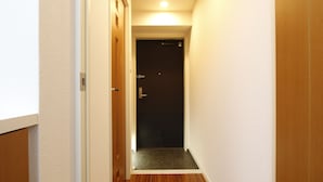 Un couloir étroit au plancher en bois, une porte noire au fond et un mur blanc à la texture particulière.