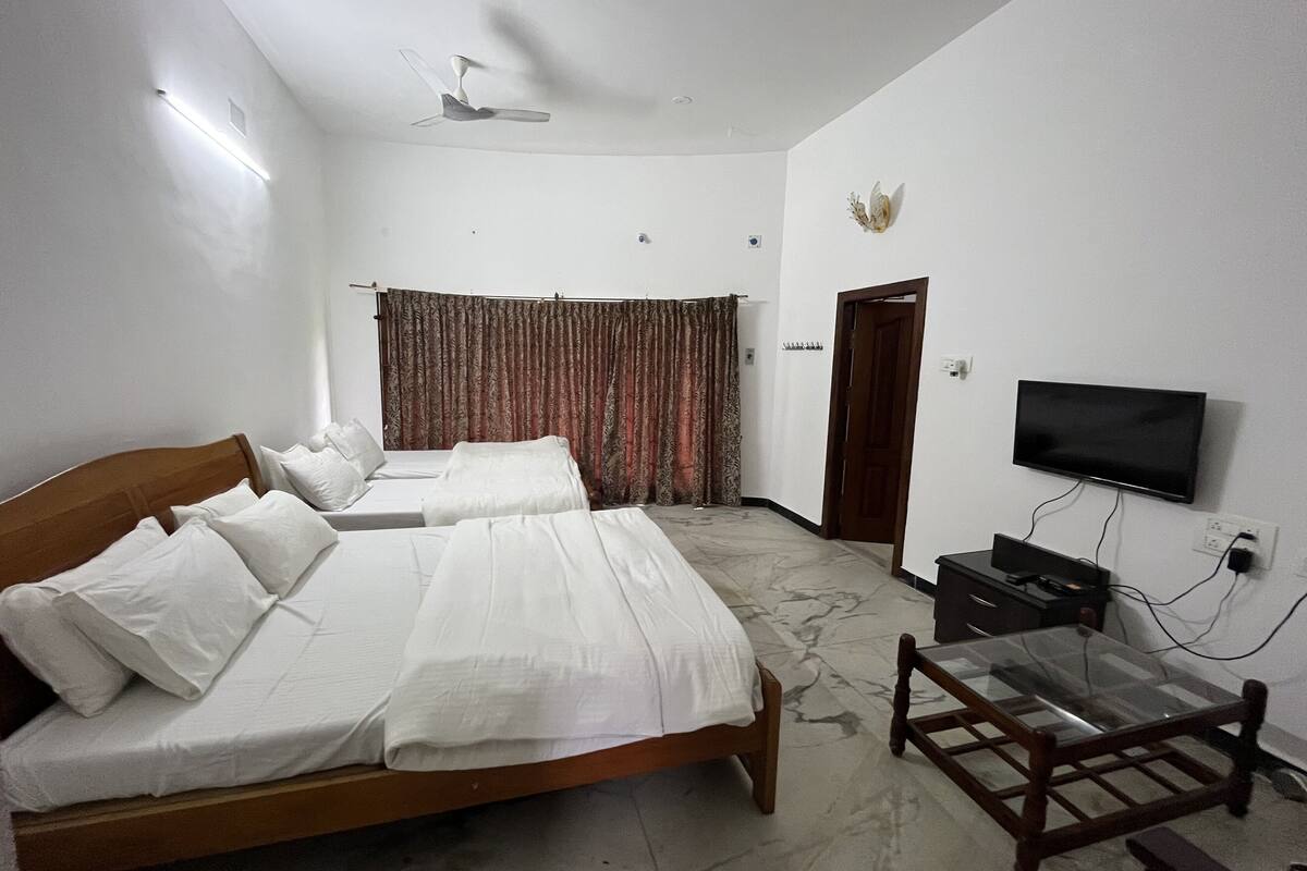 A hotel room with two beds, a TV, a ceiling fan, and a curtain.