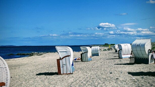 A beach with rows of white wicker chairs and a sandy shore. - Apartment 'Ferienwohnung Lisa' with Private Terrace, Private Garden and Wi-Fi (Behrensdorf)