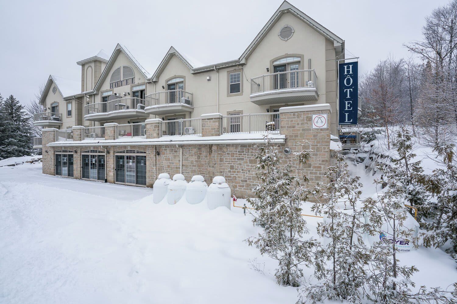 Winter view of the exterior blanketed in fresh snow
