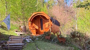 Een houten hut met een veranda, een beekje en een vlag.